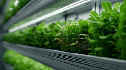 Vertical Hydroponic Farm with Green Plants Under Artificial Light