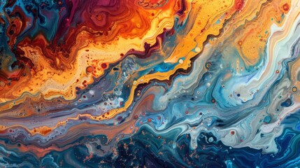 Acrylic paint flowing and blending to create colorful shapes in abstract background