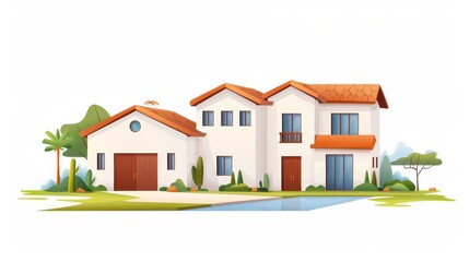 An illustrated scene of a luxurious two-story house featuring a swimming pool and a spacious yard, with palm trees and vibrant landscaping elements around the property.