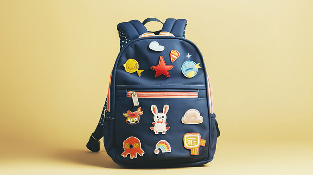 Colorful backpack with decorative patches, kids school bag, playful design, vibrant accessories, back to school concept