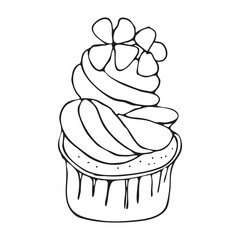 Cupcake with flowers. Cream muffin dessert. Hand drawn vector illustration. Black and white sketch.