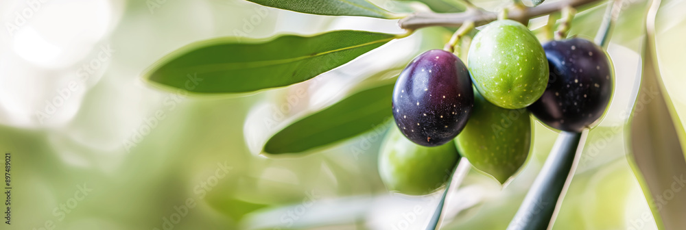 Sticker Closeup of fresh olives growing on olive tree branch in sunlight, ripe and unripe olives on tree branch concept