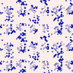 Faded electric blue glitch geo washed effect seamless pattern. Indigo dye grungy blotched distress abstract background texture repeat. 