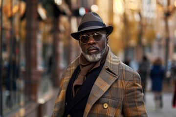 Obraz premium Stylish older man wearing a hat and sunglasses on a city street