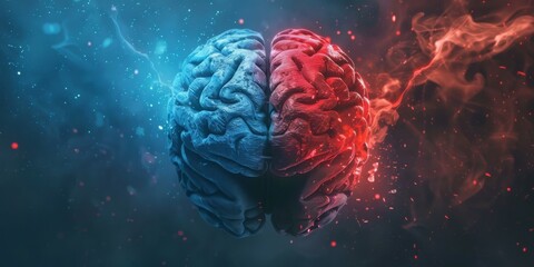 Illustration of human brain in blue and red, symbolizing left and right brain functions. Abstract and conceptual art