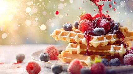 Belgian waffles with berries and jam flying ingredient