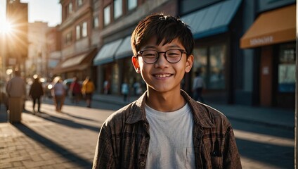 Fototapeta premium Portrait of a happy Asian schoolboy teenager with glasses On the street of the city in the sunlight. Back to school, correction of pupil eyesight. AI generated