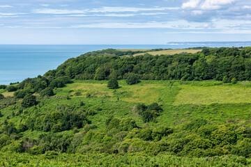 View across to Eastbourne and Beachy Head from Hastings Country Park in East Sussex, England