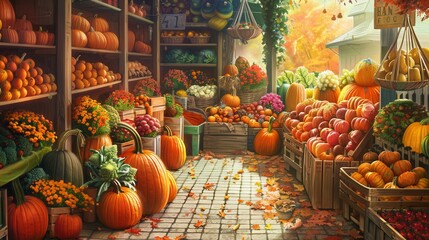 Obraz premium A bustling farmers market in autumn, overflowing with ripe pumpkins, fall vegetables, and colorful fruits. Generative AI
