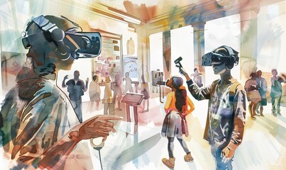 Interactive School: Lessons with virtual reality. Using VR technology for immersive learning experiences. Students visit virtual museums, explore historical events, and study anatomy in 3D. 