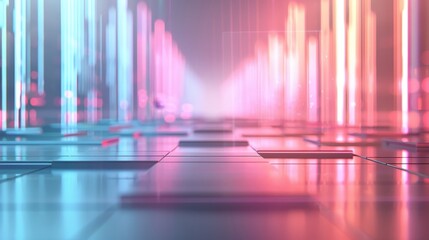 Abstract digital background featuring glowing neon lights and reflective surfaces, creating a futuristic and vibrant atmosphere.