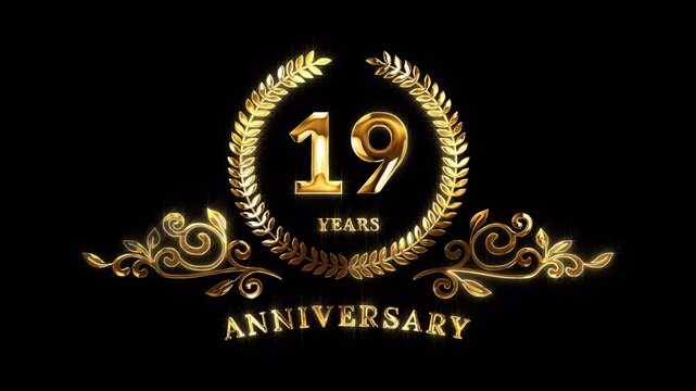 19th Anniversary Celebration. Happy 19 Years Anniversary Animation in Gold Color on the Transparent Background, Alpha Channel. Great for greetings, celebrations, events, and gifts.