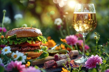 An artistic close-up of a juicy cheeseburger with a glass of white wine, vibrant colors, and intricate details.