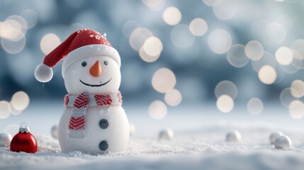 Obraz premium A snowman with a red hat and scarf is standing in the snow