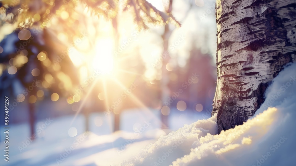Poster tree trunk is in the snow with the sun shining on it