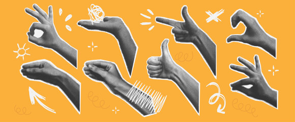 Set of hands in different positions. Collage elements with ink. Various halftone hands gestures. Pop art paper cut elements