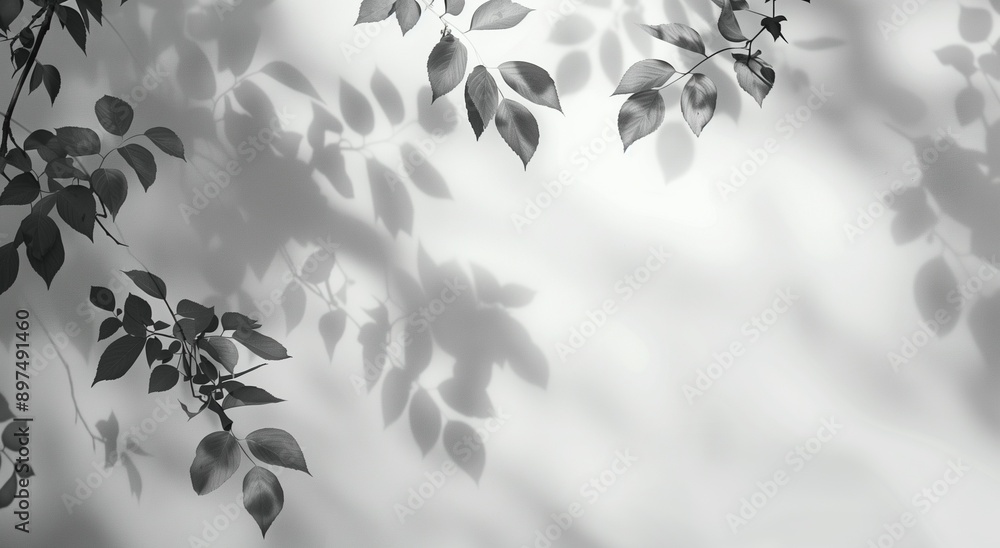 Poster a grayscale background with leaves and sunlight, creating an ethereal atmosphere for design projects