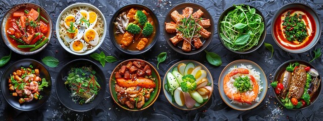 Collage of various natural dishes from different cuisines. Food collage of various foods.