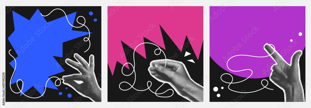 Poster set of blank square poster with halftone hand hold out line scribble. background playful funny abstr