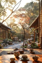 Obraz premium A Japanese garden with a stone path and a tree