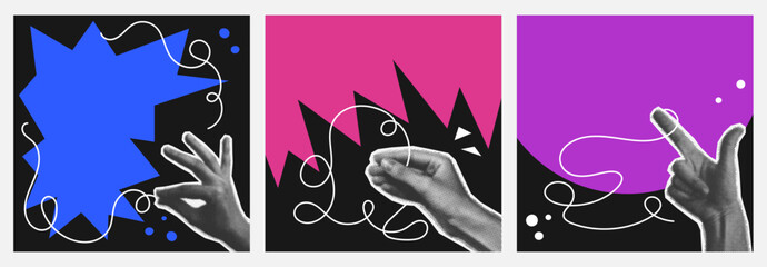 Fototapeta premium Set of blank square poster with halftone hand hold out line scribble. Background playful funny abstract shape in collage style