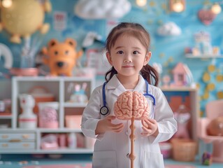 Young Cute Doctor Holding Brain Model in Clinic-Themed Play Area