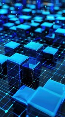 Electric blue 3D blocks rise against a cyber-inspired grid background, showcasing stock growth.