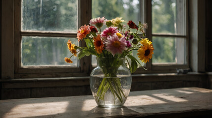 summer flowers in a glass vase on old kitchen table, decorative photos