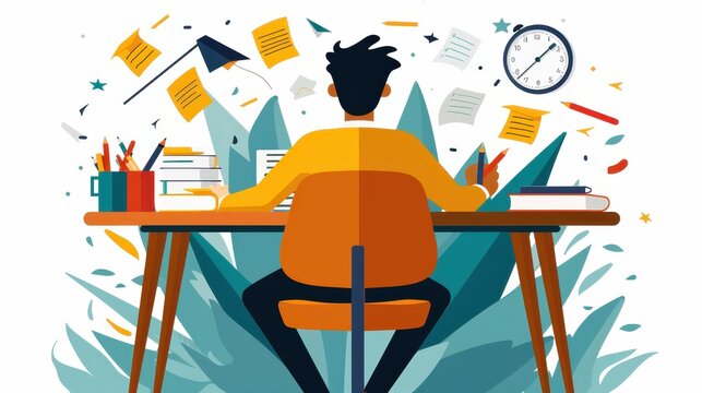A person is seated at a desk surrounded by scattered papers and a clock, conveying a sense of work, focus, and pressure to complete tasks on time, in a creative style.