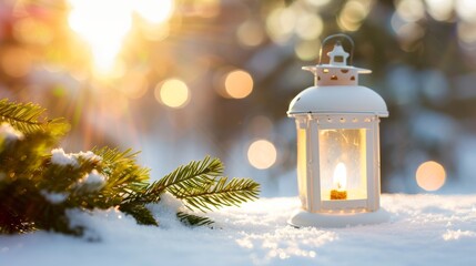 A white lantern sits on a snowy ground next to a pine tree