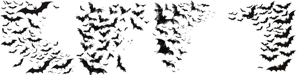 Collection of Crowd of flying bats. Halloween clipart. Isolated on transparent or white background