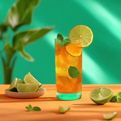 Refreshing Mexican Agua de Jamaica in Glass with Lime and Mint Garnish on Isolated Background