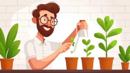 A bearded man with glasses and a white shirt is happily watering small potted plants indoors at a table, showing his passion for gardening and plant care.