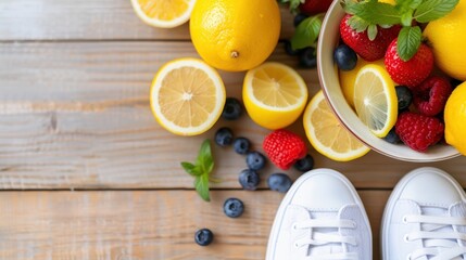 A delightful spread of fresh fruits, including cut lemons, berries, and mint leaves, arranged on a wooden table alongside a pair of white sneakers, adding a casual flair.