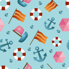 Sea adventure pattern with sea and sailing icons, anchor, lifebuoy, flag. Vector flat design for poster, card, wallpaper, placard, banner, packaging.