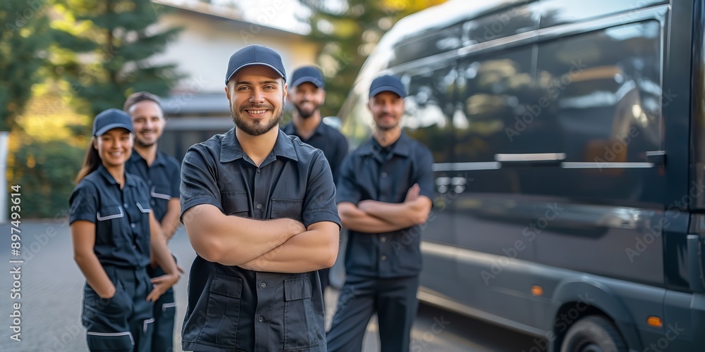 Poster a group of men in blue uniforms are posing for a picture in front of a van. scene is friendly and pr