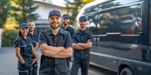 A group of men in blue uniforms are posing for a picture in front of a van. Scene is friendly and professional