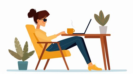 A woman sitting comfortably in a yellow armchair with her laptop and coffee, surrounded by stylish potted plants, representing a cozy and relaxed remote work setup.