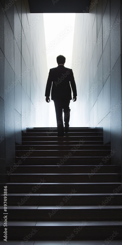 Poster a man in a suit is walking down a dark staircase. concept of solitude and introspection, as the man 