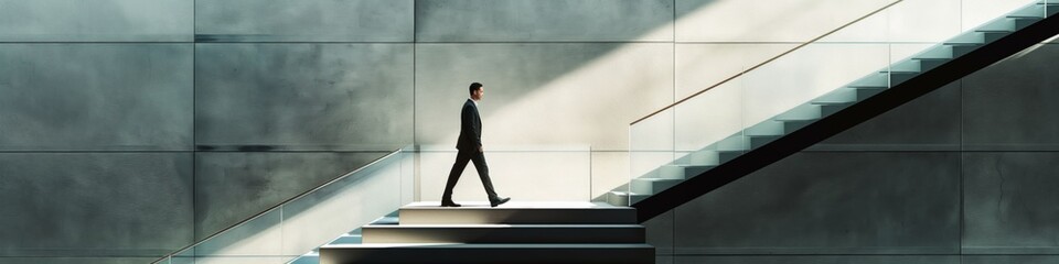 Fototapeta premium A man walks up a set of stairs in a building. Concept of determination and purpose as the man makes his way up the steps. The setting appears to be a modern, urban environment