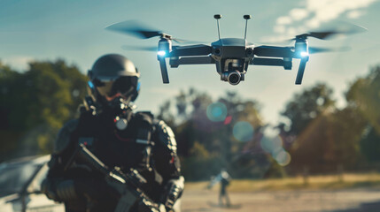 Tactical police officer with a hovering surveillance drone