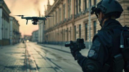 Police officer controls surveillance drone on the street