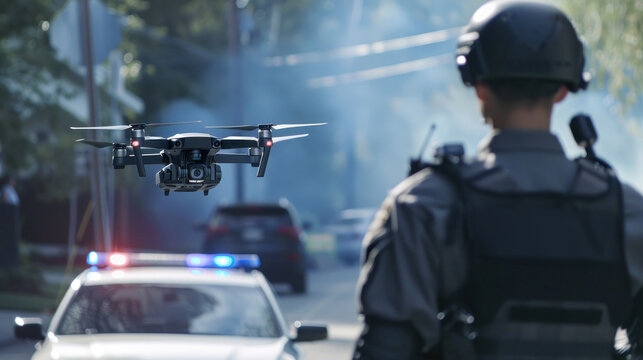 Officer monitors drone in suburban incident zone
