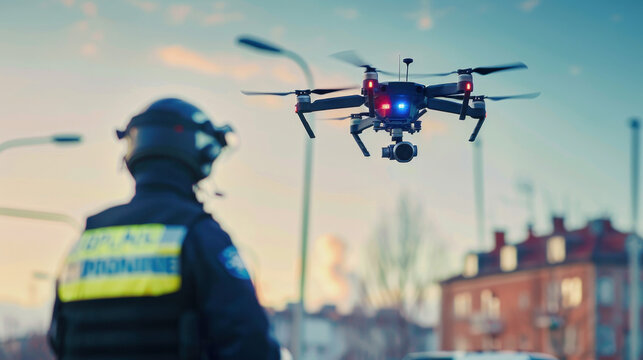 Police officer and surveillance drone in a suburban area