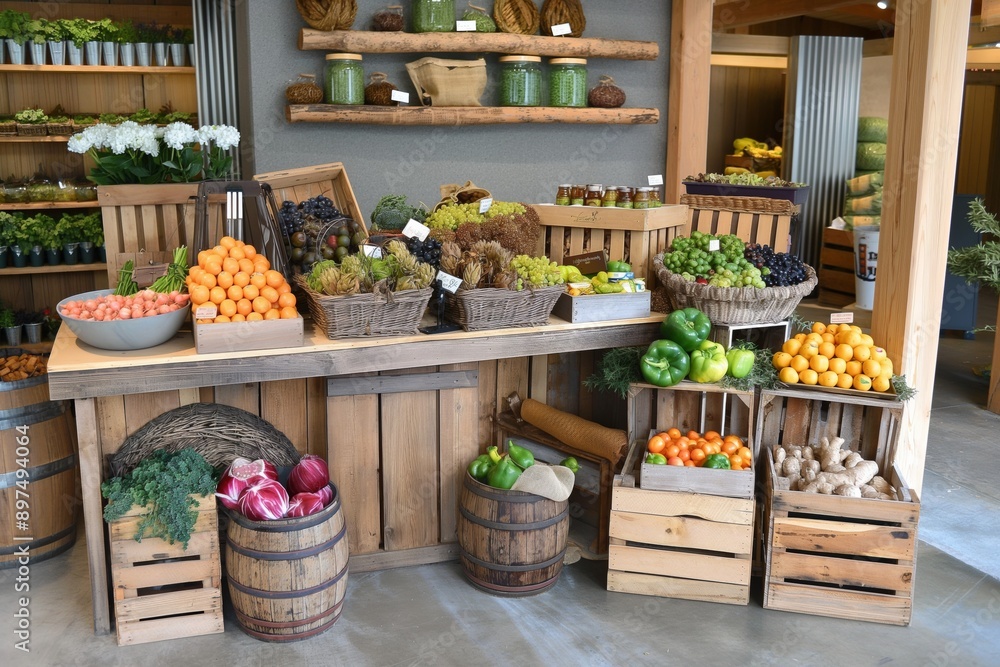 Poster a display of fresh fruits and vegetables in a market. scene is bright and inviting, with the colorfu