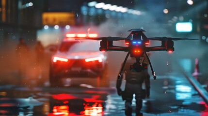 High-tech drone and officer amidst emergency lights