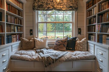 Cozy reading nook with a cushioned window seat surrounded by bookshelves and a scenic outdoor view through a large window.