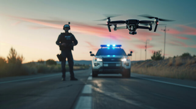 Police officer and drone on an open highway at dusk