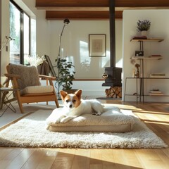 A dog is laying on a white dog bed in a living room