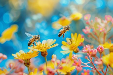 bees in flower blooming, forestpunk background, blue yellow red